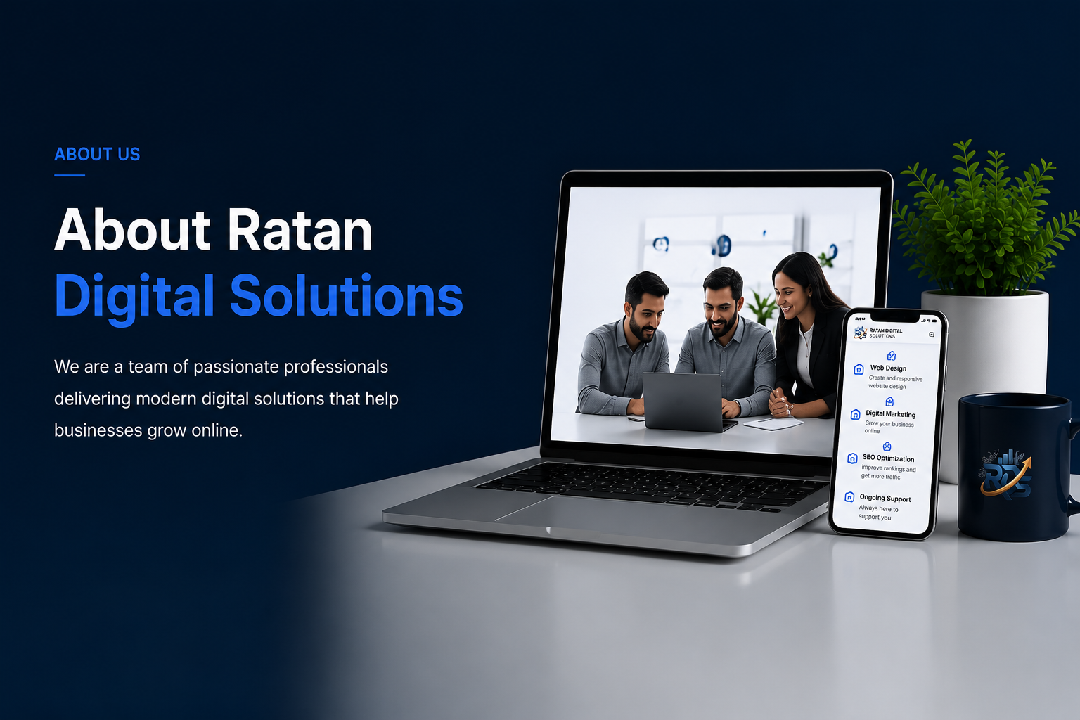 About Ratan Digital Solutions hero section with responsive website design displayed on laptop and mobile showcasing professional web development and digital marketing services.