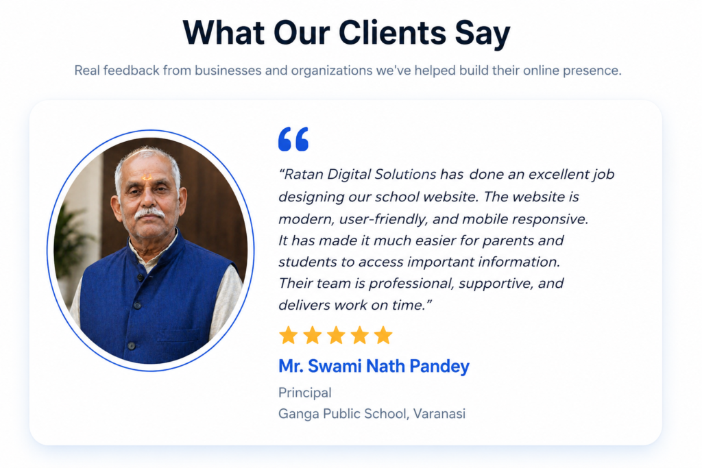 Client testimonial by Mr. Swami Nath Pandey, Principal of Ganga Public School, appreciating the professional school website developed by Ratan Digital Solutions.