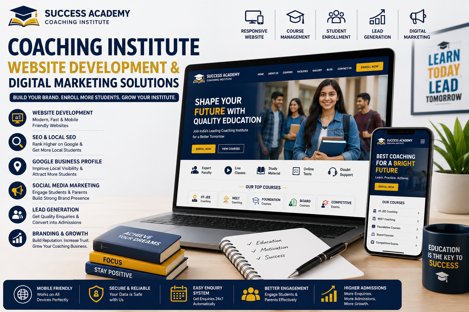 Modern coaching institute website development illustration featuring online course management, student enrollment, SEO optimization, Google Business Profile, lead generation, and digital marketing services.
