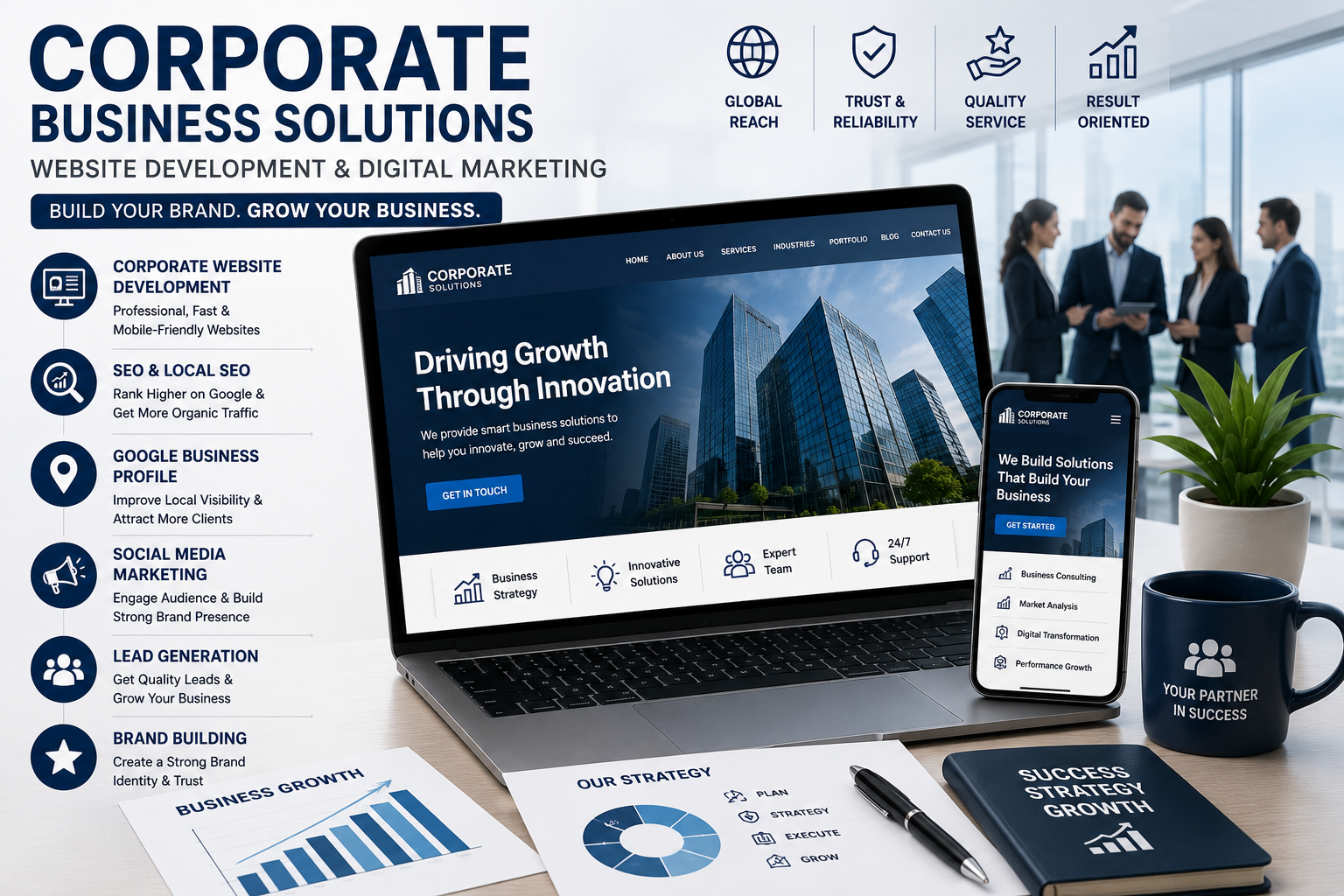 Modern corporate business website development illustration featuring company website, business consulting, SEO optimization, Google Business Profile, lead generation, brand building, and digital marketing services.