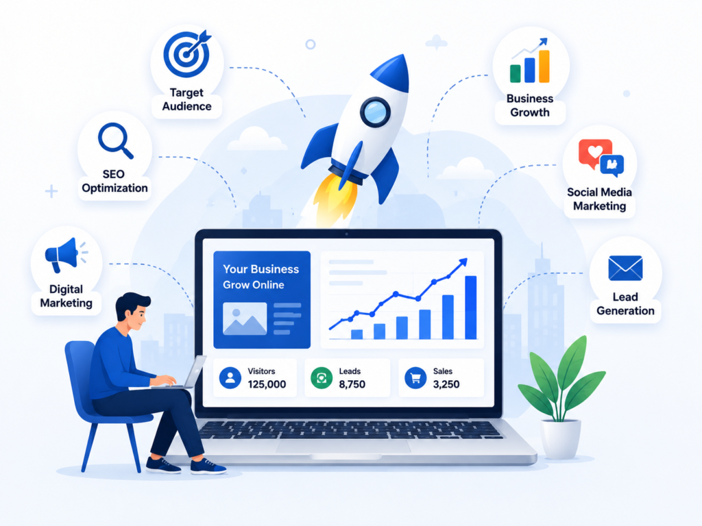 Digital marketing business growth illustration showing website development, SEO, social media marketing, lead generation, and business growth strategies.