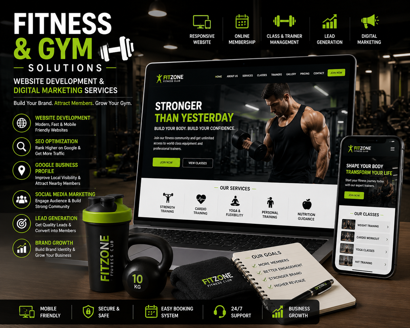 Modern fitness and gym website development illustration featuring gym website, personal training, online membership, SEO optimization, Google Business Profile, lead generation, and digital marketing services.