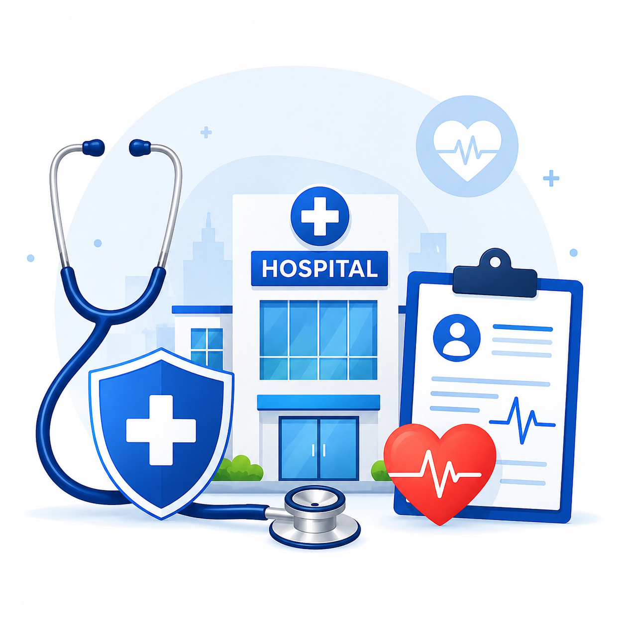 Modern healthcare website development illustration featuring hospital, medical services, SEO optimization, patient engagement, and digital marketing solutions.