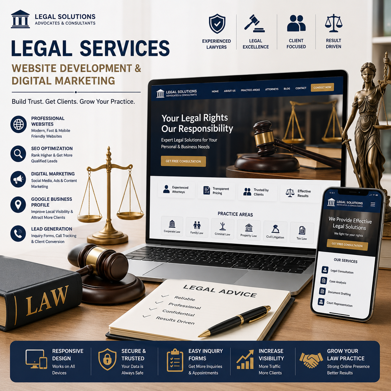 Modern legal services website development illustration featuring law firm website, advocate services, SEO optimization, Google Business Profile, lead generation, and digital marketing solutions.