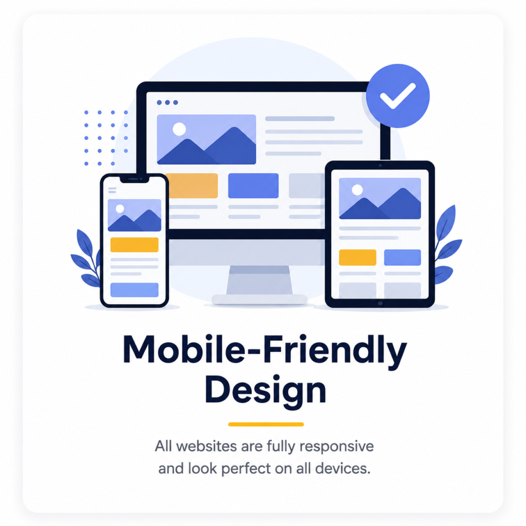 Mobile-friendly website design for businesses with responsive layouts that work perfectly on desktop, tablet, and mobile devices.