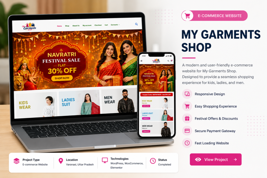 Responsive My Garments Shop e-commerce website designed with WordPress, Elementor and WooCommerce featuring mobile-friendly design, festive offers, kids wear, ladies suit and men wear collections.