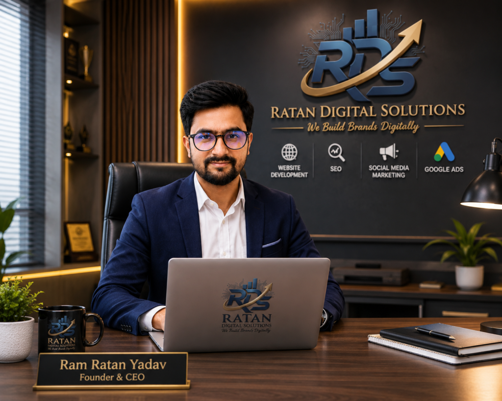 Ram Ratan Yadav, Founder & CEO of Ratan Digital Solutions, working on a laptop in a modern digital marketing office with the company logo displayed in the background.