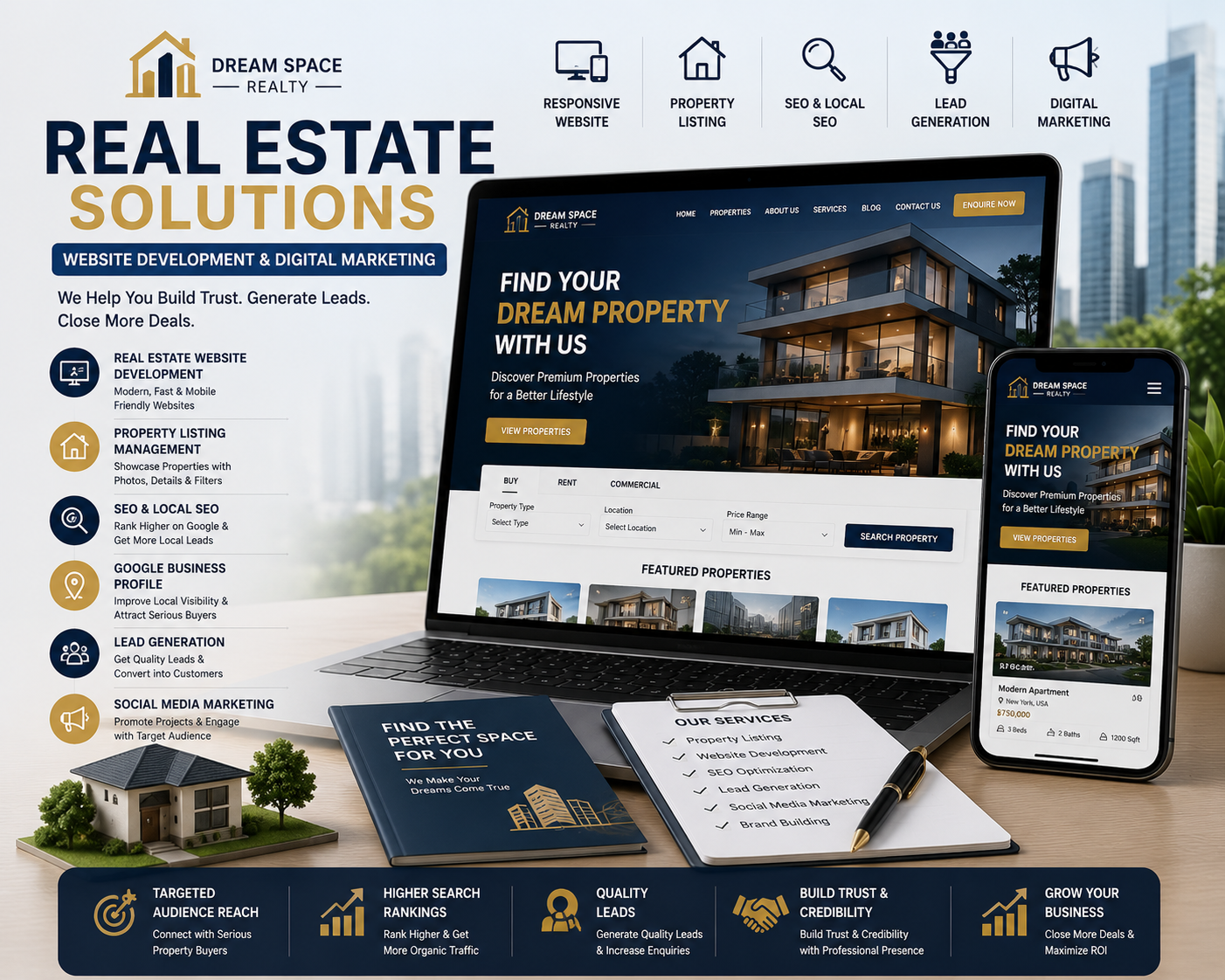 Modern real estate website development illustration featuring property listing website, responsive design, SEO optimization, Google Business Profile, lead generation, and digital marketing services for real estate businesses.
