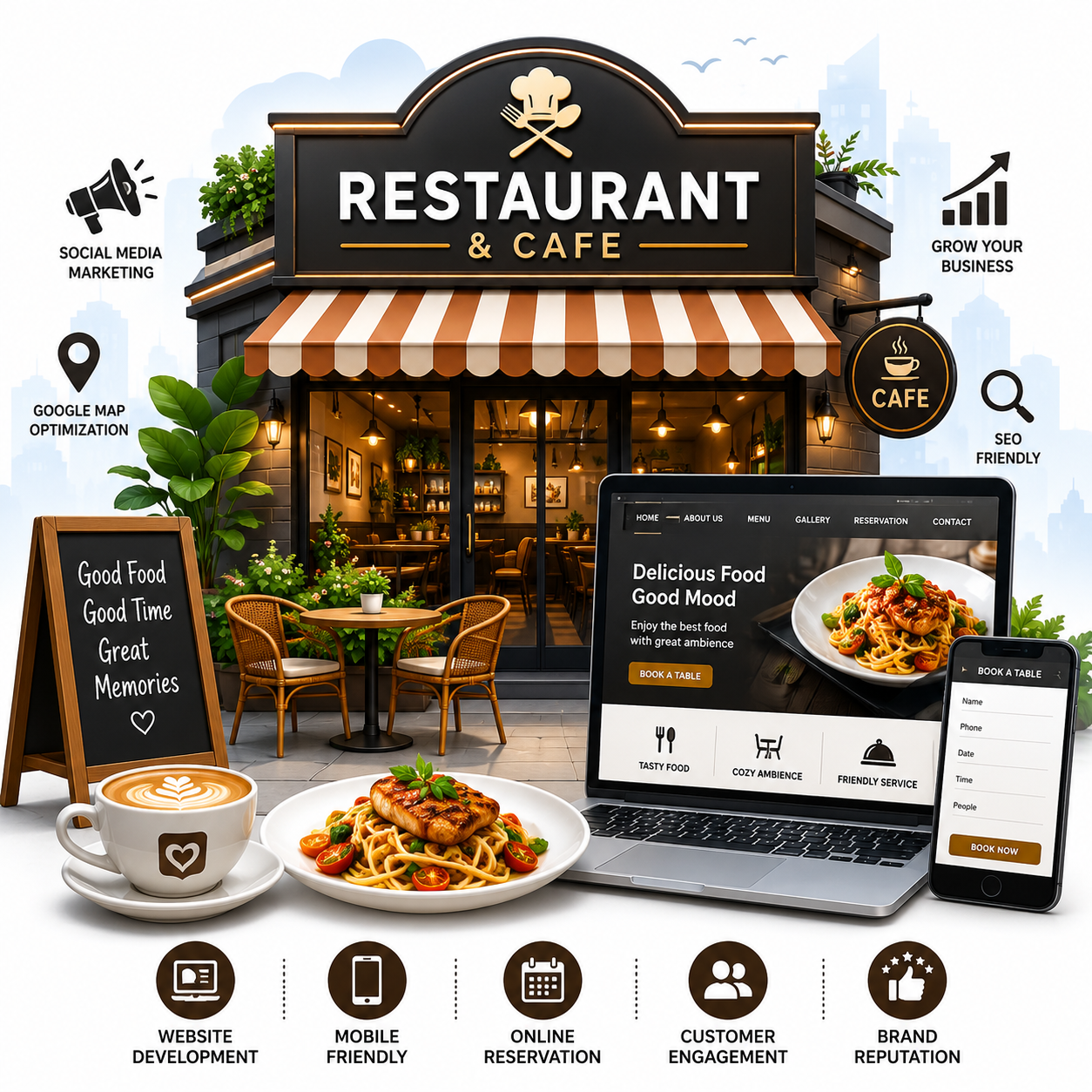 Modern restaurant and cafe website development illustration featuring online table booking, digital menu, SEO optimization, Google Business Profile, and digital marketing services.