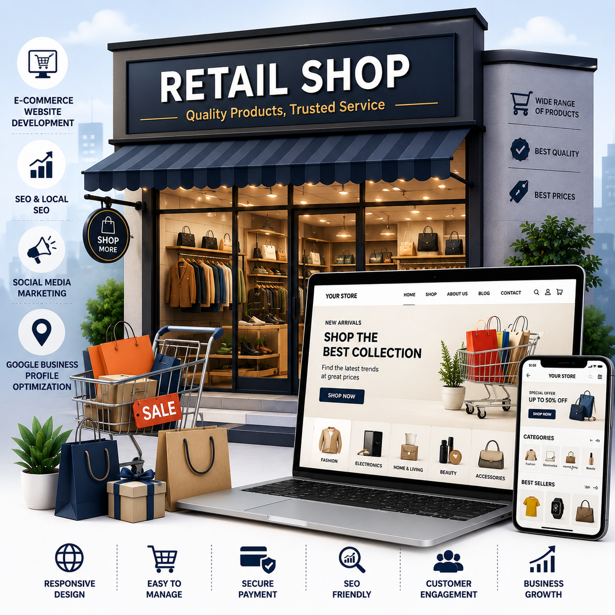 Modern retail shop website development illustration featuring eCommerce website, online shopping, Google Business Profile, SEO optimization, mobile-friendly online store, and digital marketing services.