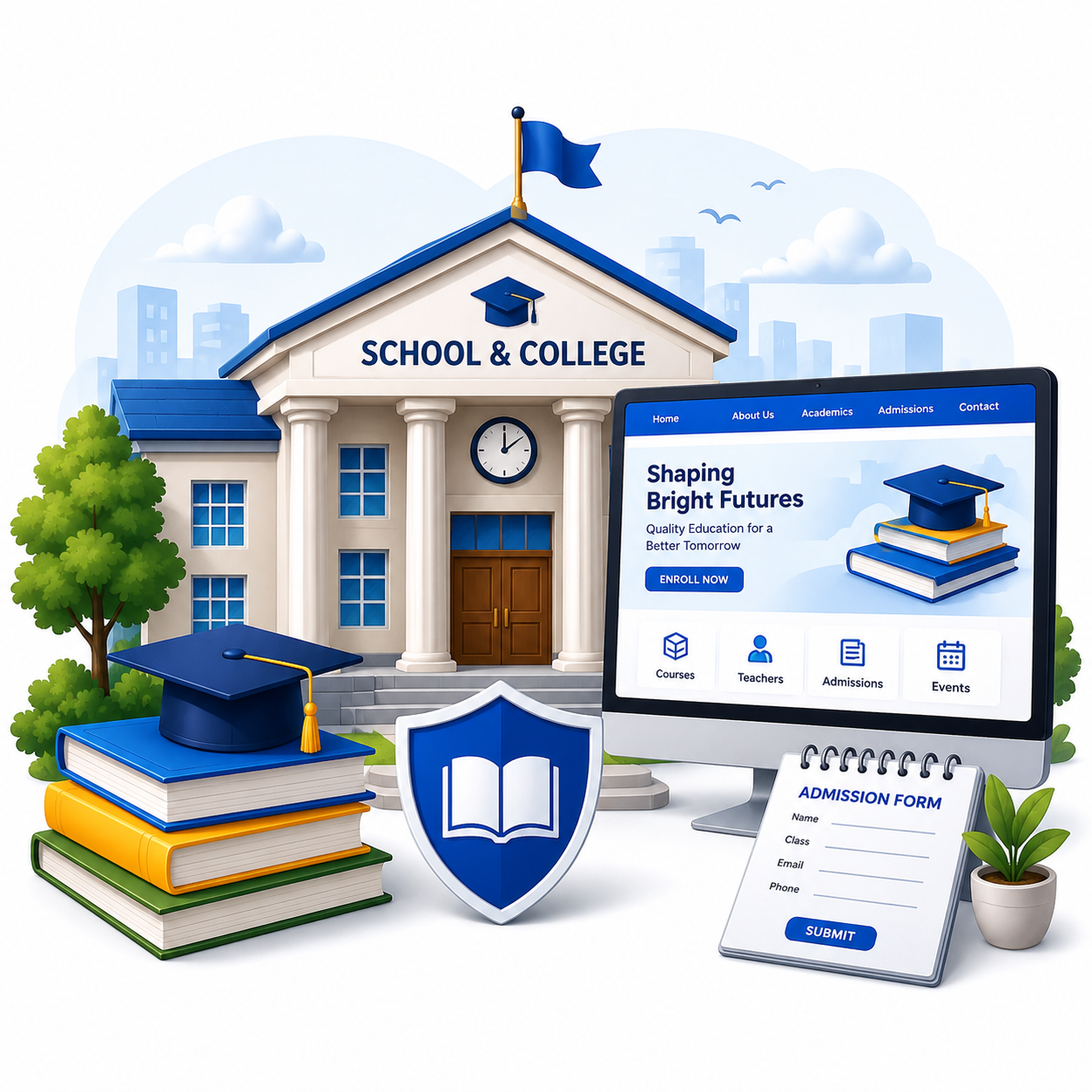 Modern school and college website development illustration featuring online admission system, educational website, student portal, SEO optimization, and digital marketing services.