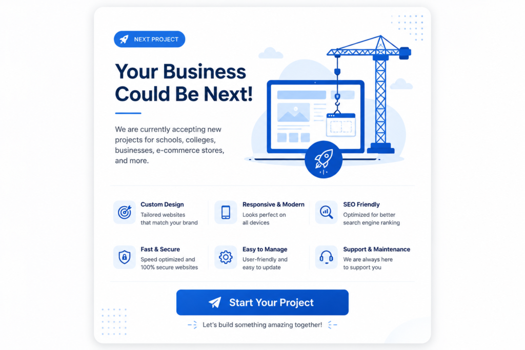 Professional website development showcase promoting Ratan Digital Solutions' custom website design services for businesses, schools, colleges, hospitals, and e-commerce stores.