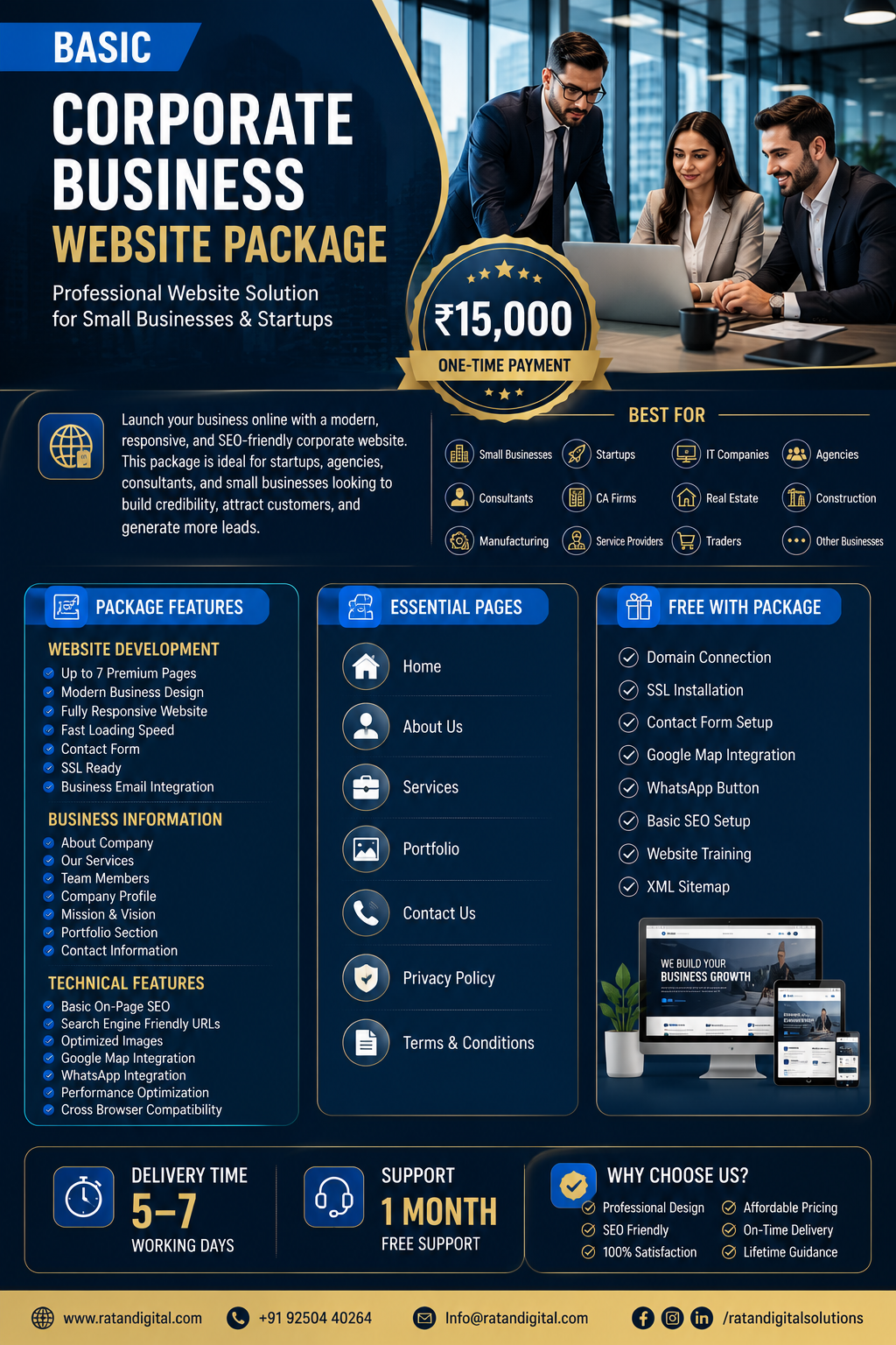 Basic Corporate Business Website Package with responsive design, SEO optimization, business pages, portfolio, contact form, and modern corporate website solution for startups and companies.