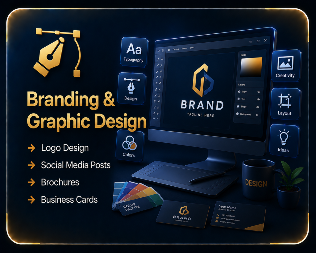Professional Branding and Graphic Design services including Logo Design, Social Media Posts, Brochures, Business Cards, and Brand Identity by Ratan Digital Solutions.