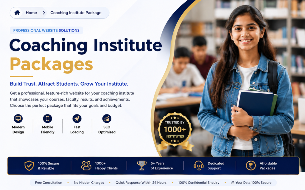 Professional Coaching Institute Website Packages hero banner featuring a modern student, responsive website solutions, SEO optimization, mobile-friendly design, fast loading, and trusted coaching institute website services by Ratan Digital Solutions.