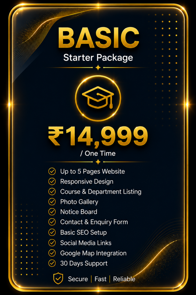 Basic college website package pricing card for Degree College, Polytechnic and ITI institute website with responsive design, course listing, notice board, gallery, contact form, SEO setup and 30 days support.