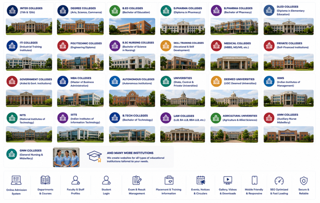 Professional website development services for Inter Colleges, Degree Colleges, Universities, Medical Colleges, Engineering Colleges, Nursing Colleges, Polytechnic, ITI, Pharmacy, Law Colleges, Agricultural Universities, MBA Colleges, Autonomous Colleges, Deemed Universities, IIMs, NITs, IIITs, ANM, GNM, and Skill Training Institutes.