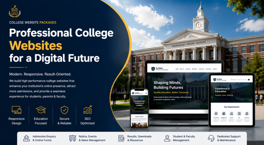Professional College Website Packages banner showcasing responsive college website design for degree colleges, universities, engineering colleges, B.Ed., D.Pharm and educational institutions by Ratan Digital Solutions.
