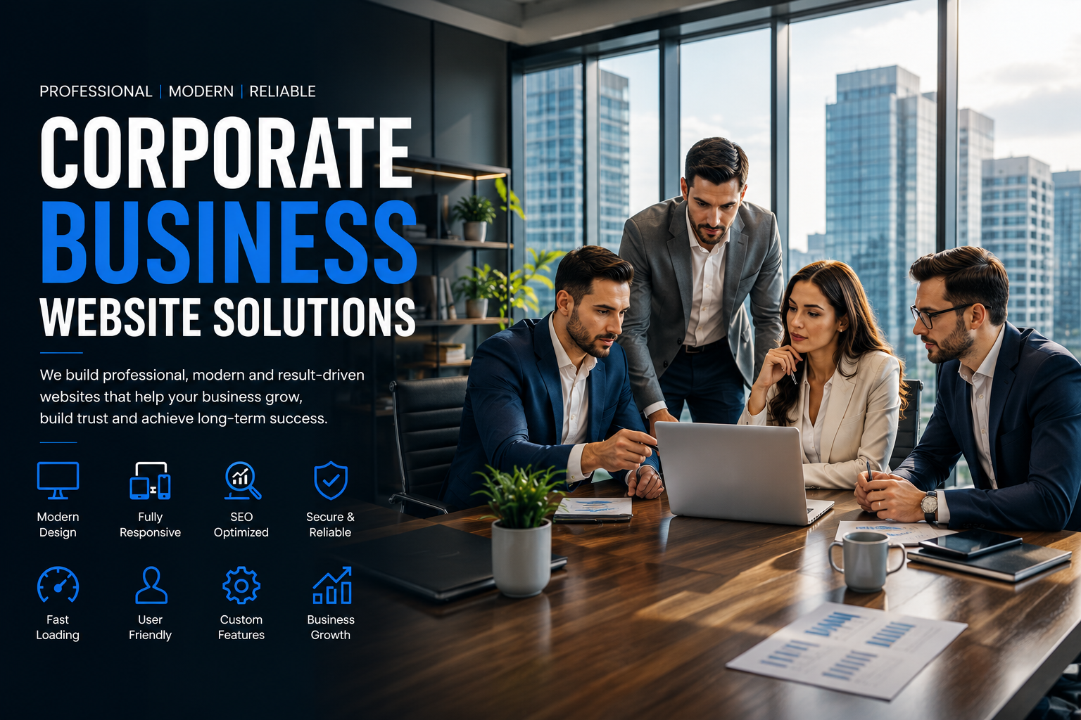 Professional Corporate Business Website Development Hero Banner with Modern Office Team Meeting, Responsive Business Website Design and SEO Optimized Solutions