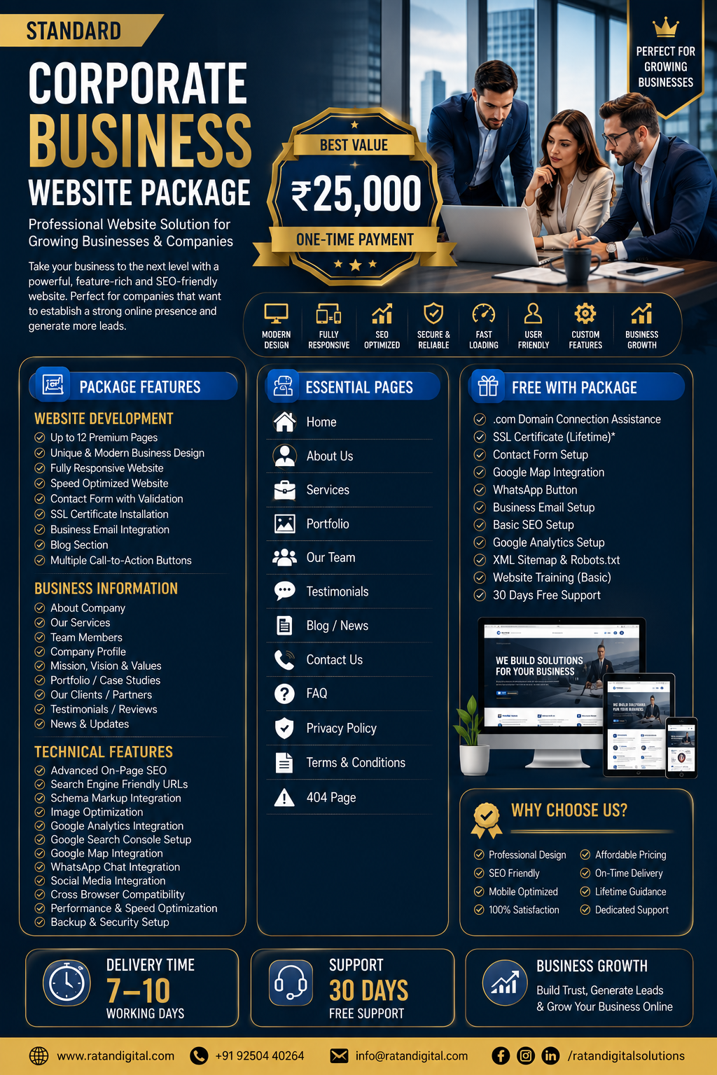 Corporate Business Website Standard Package with responsive design, business services, SEO optimization, contact form, WhatsApp integration, and professional corporate website features.