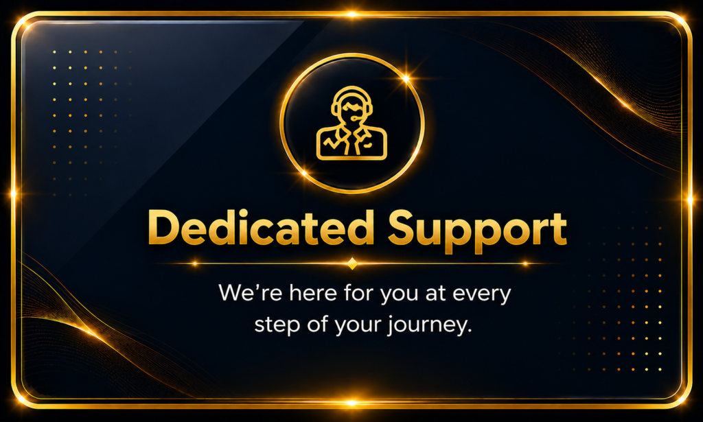 Premium glass effect Dedicated Support feature card highlighting expert customer support throughout every stage of your digital marketing journey by Ratan Digital Solutions.