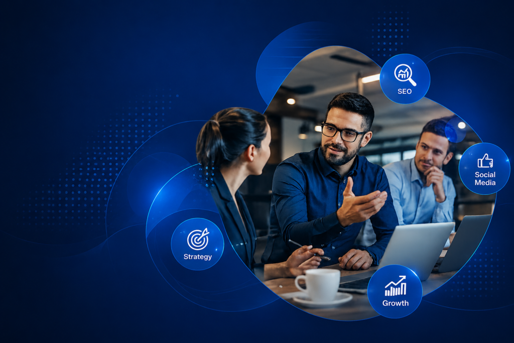 Professional digital marketing team discussing SEO, social media marketing, business growth strategy and online marketing solutions at Ratan Digital Solutions.