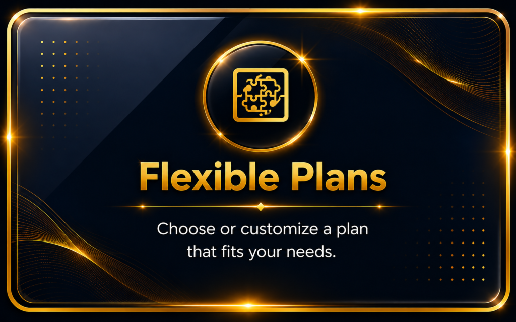 Premium glass effect Flexible Plans feature card offering customizable digital marketing packages by Ratan Digital Solutions.