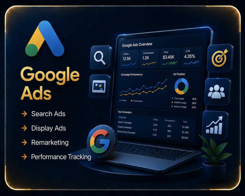 Professional Google Ads management services by Ratan Digital Solutions including Search Ads, Display Ads, Remarketing, Performance Tracking, PPC campaign optimization and lead generation.