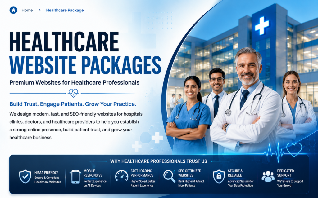 Healthcare Website Packages hero banner by Ratan Digital Solutions featuring professional website design for hospitals, clinics, doctors, diagnostic centers, and healthcare providers with responsive design, SEO optimization, fast loading performance, secure websites, and dedicated support.