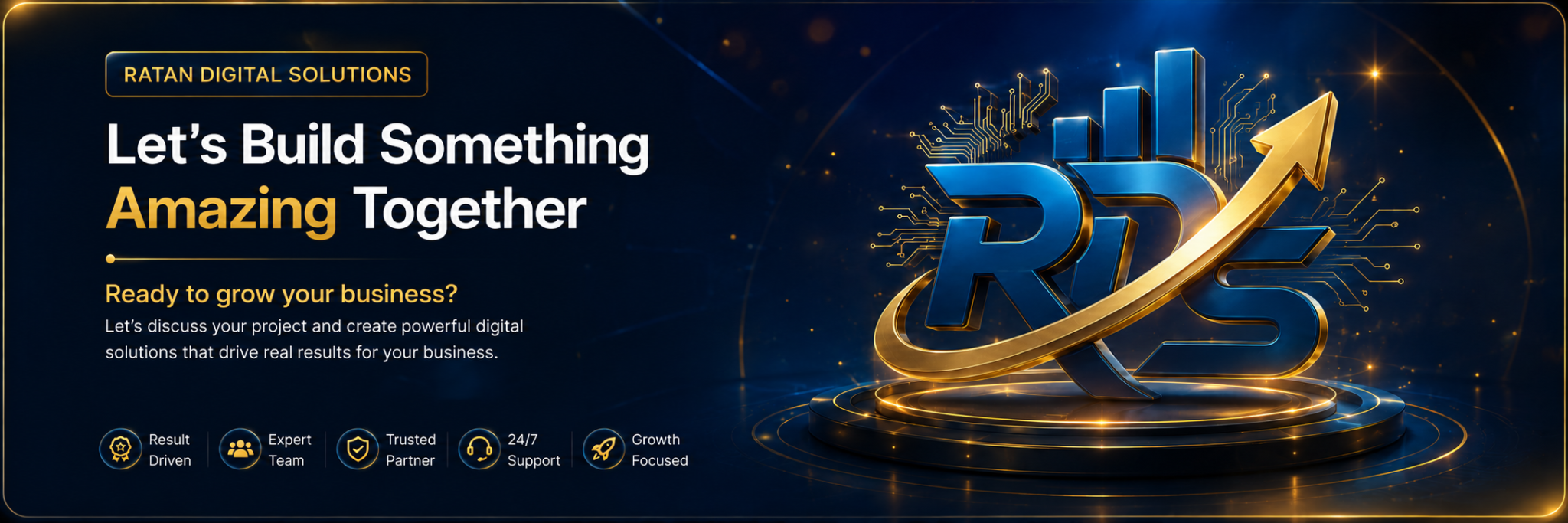 Let's Build Something Amazing Together banner by Ratan Digital Solutions featuring 3D RDS logo, digital marketing, website development, SEO, AI automation, Google Business Profile, and business growth services.