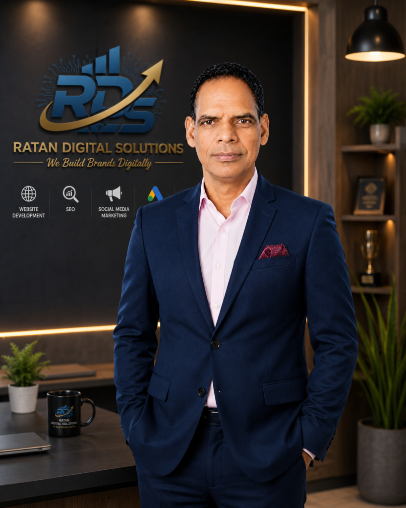 Professional portrait of Narendra Shashisheesh, Manager at Ratan Digital Solutions, standing confidently in the company office with Ratan Digital Solutions branding in the background.