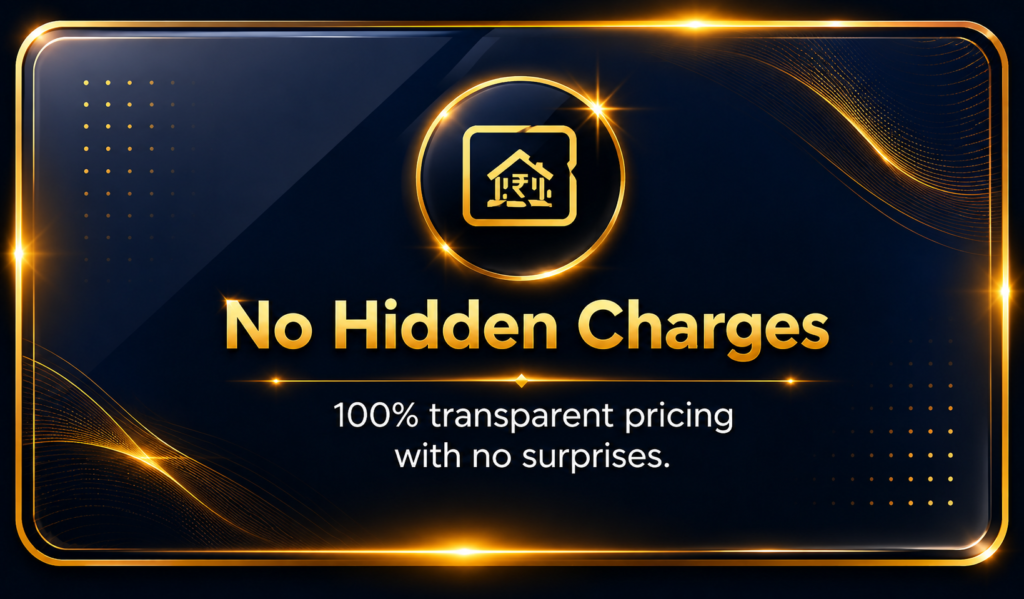 Premium glass effect card highlighting No Hidden Charges with 100% transparent pricing for digital marketing packages by Ratan Digital Solutions.