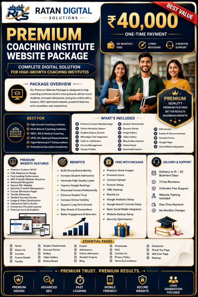 Premium Coaching Institute Website Package by Ratan Digital Solutions featuring premium custom website design, advanced SEO optimization, online admission system, student enquiry forms, responsive design, WhatsApp integration, Google Analytics, conversion-focused pages, and complete digital solutions for high-growth coaching institutes at ₹40,000.