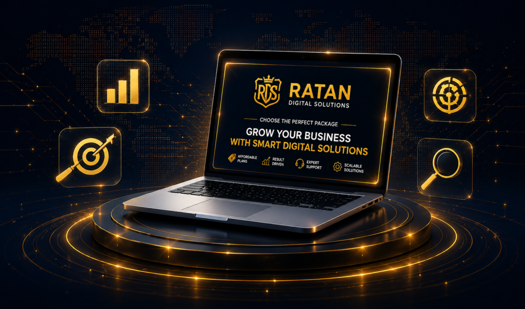 Premium digital marketing packages illustration by Ratan Digital Solutions featuring website development, SEO, Google Business Profile, AI automation, branding, and business growth solutions.