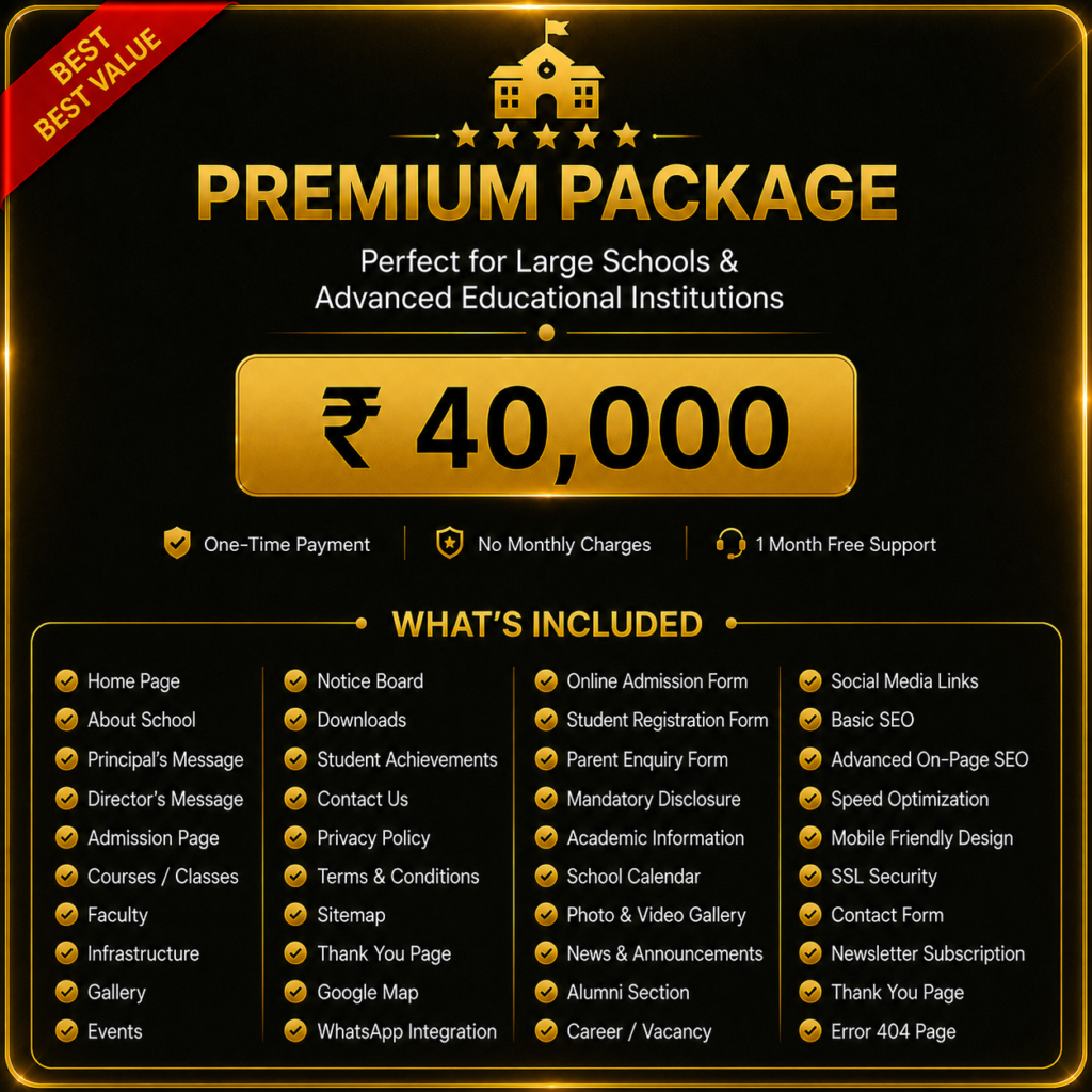 Premium School Website Package with gold glass design featuring ₹40,000 pricing, advanced website features, online admission, SEO, WhatsApp integration, and responsive school website development.