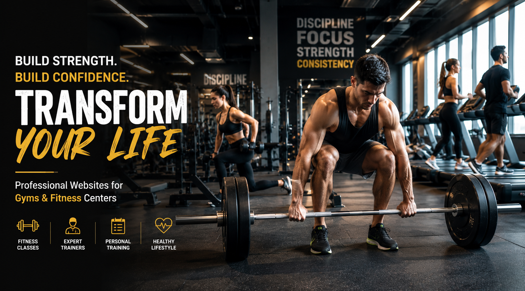 Professional gym and fitness website development with people working out in a modern gym