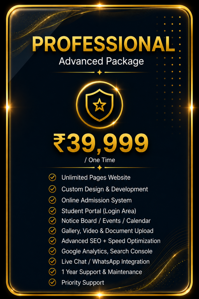 Professional school website package featuring unlimited pages, custom design, online admission system, student portal, advanced SEO, Google Analytics, WhatsApp integration, priority support, and one-year maintenance in a premium gold glass effect design.