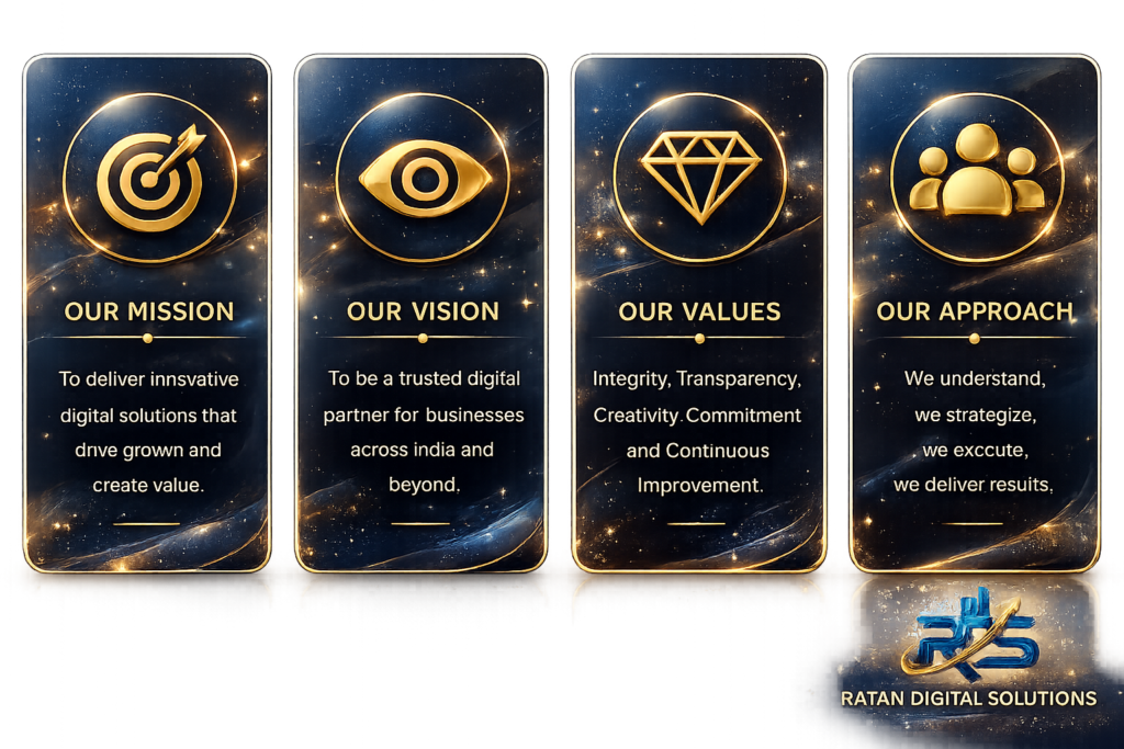 Premium Glassmorphism business cards showcasing Mission, Vision, Values, and Approach of Ratan Digital Solutions with luxury blue and gold branding.