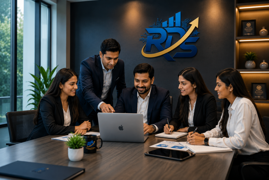 Professional team discussion at Ratan Digital Solutions office with RDS branding wall, collaborating on website development, digital marketing, SEO and business growth strategies.