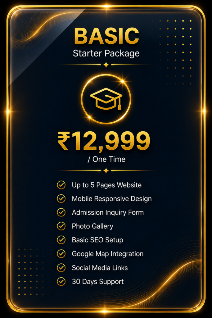 Basic School Website Package pricing card with premium gold glass effect design, offering up to 5 pages, responsive website, admission inquiry form, photo gallery, basic SEO, Google Map integration, social media links, and 30 days support by Ratan Digital Solutions.