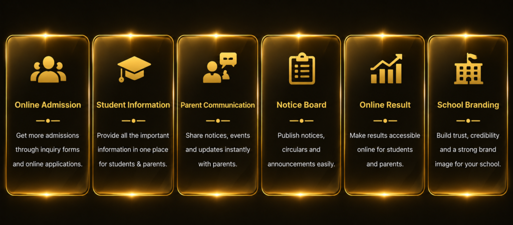 Premium School Website Features with Gold Glass Effect – Online Admission, Student Information, Parent Communication, Notice Board, Online Result & School Branding