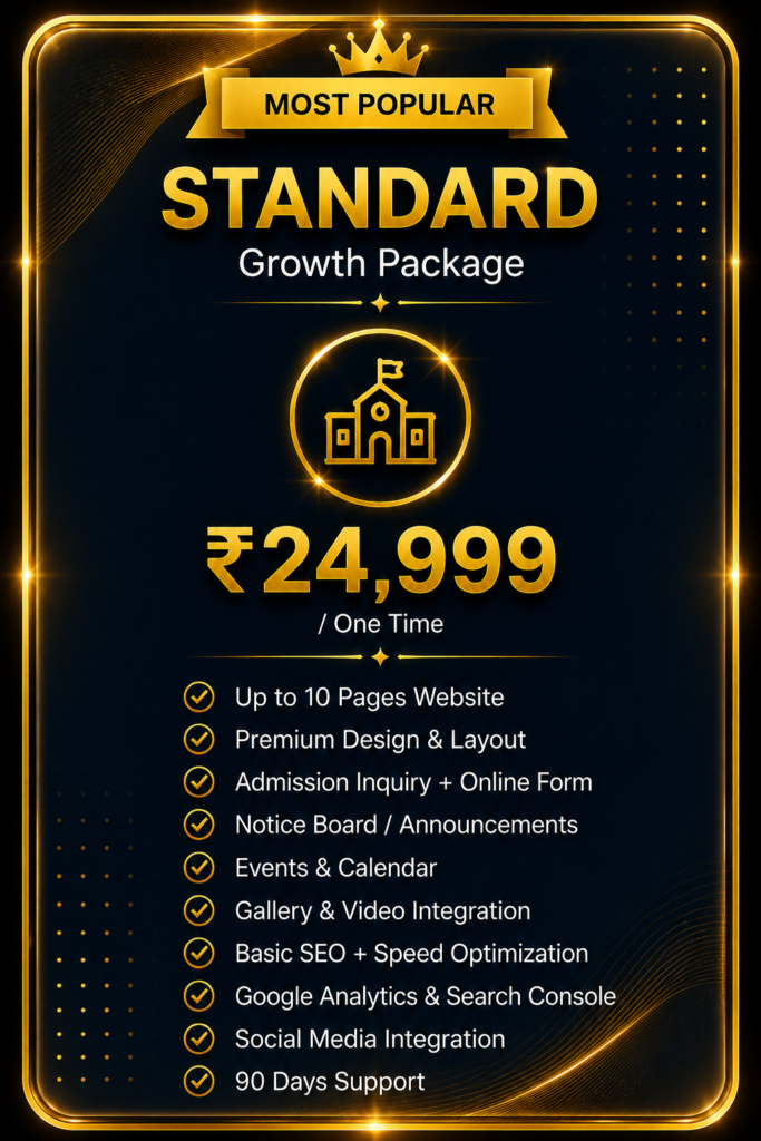 School Website Standard Package pricing card with premium gold glass effect design featuring Growth Package, ₹24,999 pricing, Most Popular ribbon, and website development features.
