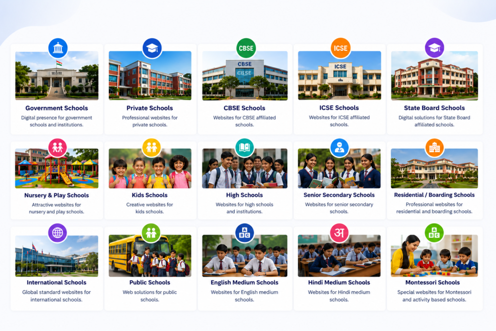 Professional school website design services for Government, Private, CBSE, ICSE, State Board, Nursery, Kids, High School, Senior Secondary, Residential, International, Public, English Medium, Hindi Medium and Montessori Schools.