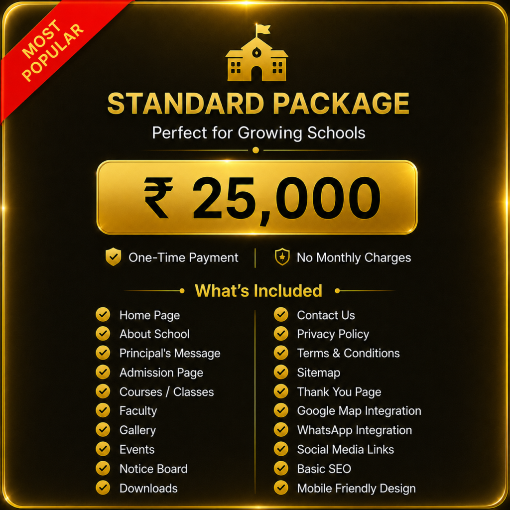 Standard School Website Package by Ratan Digital Solutions featuring ₹25,000 pricing with premium school website design, admission page, notice board, gallery, SEO, WhatsApp integration, Google Maps, and mobile-friendly responsive website.