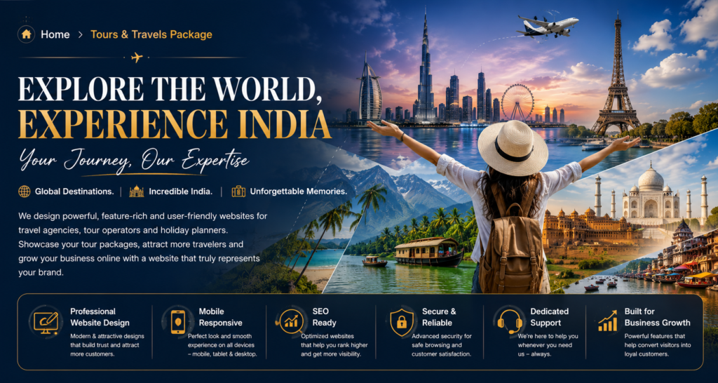 Premium Tours & Travels Website Package Hero Banner featuring Indian and International travel destinations with a professional travel website design for travel agencies and tour operators.