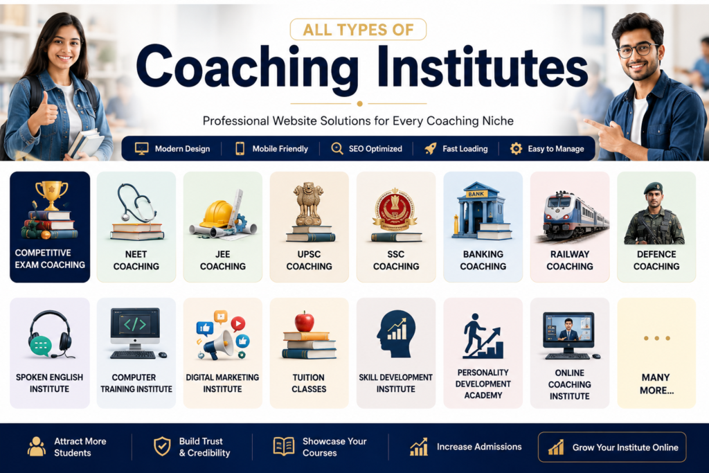 Professional website solutions for all types of coaching institutes including Competitive Exam, NEET, JEE, UPSC, SSC, Banking, Railway, Defence, Spoken English, Computer Training, Digital Marketing, Tuition Classes, Skill Development, Personality Development, and Online Coaching Institutes by Ratan Digital Solutions.