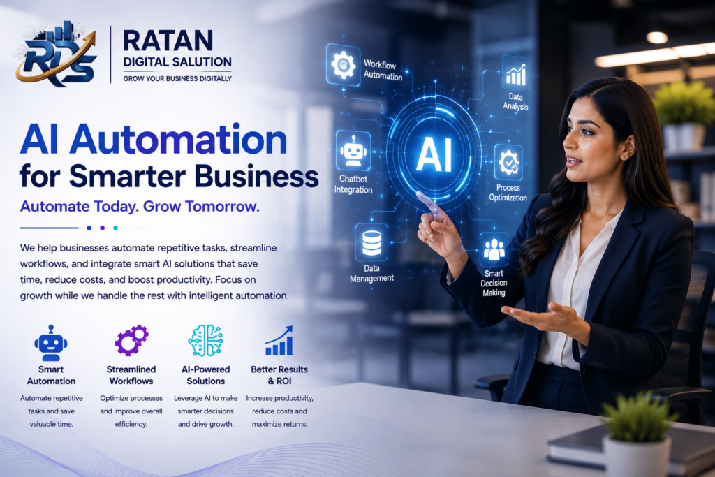 AI automation services by Ratan Digital Salution with professional woman presenting AI-powered workflow automation solutions