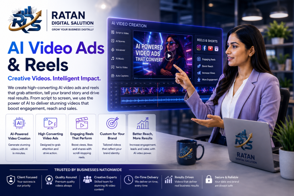 AI video ads and reels services by Ratan Digital Salution with AI video creation interface and professional marketing specialist