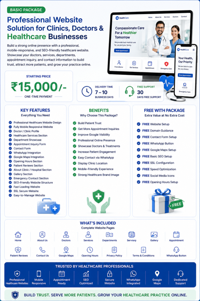 Basic Healthcare Website Package featuring a professional website solution for clinics, doctors, hospitals and healthcare businesses with ₹15,000 starting price, key features, benefits, website pages, free setup, SEO optimization, WhatsApp integration, Google Maps, appointment inquiry, delivery and support by Ratan Digital Solutions.