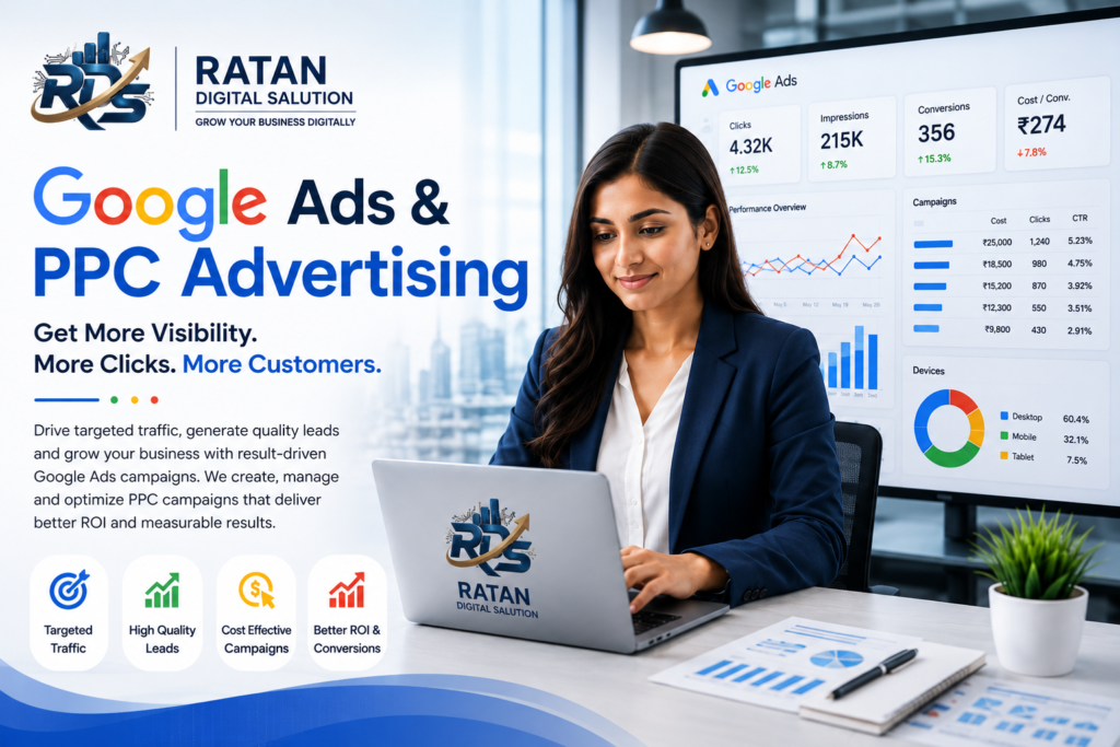 Google Ads and PPC advertising services by Ratan Digital Salution with professional digital marketing specialist and campaign analytics dashboard